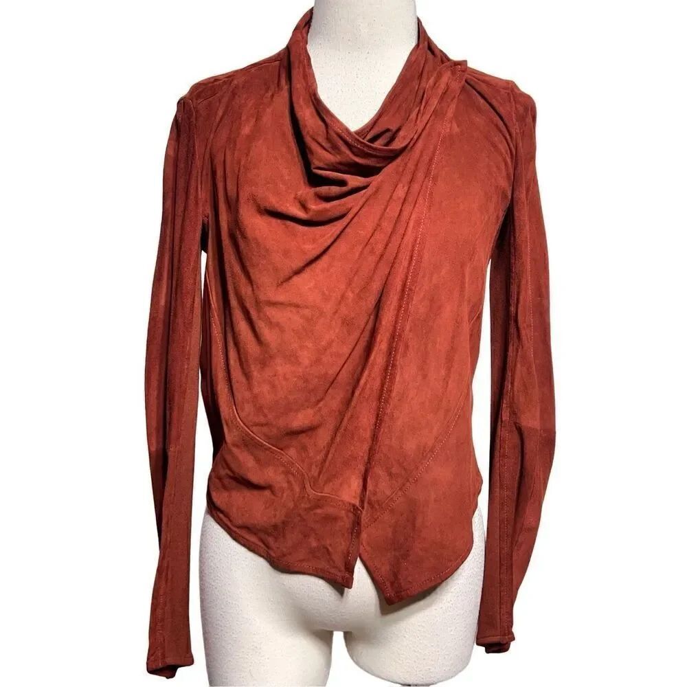 LAMARQUE Madison Leather Rust Brown Crossover Draped Moto Jacket XS